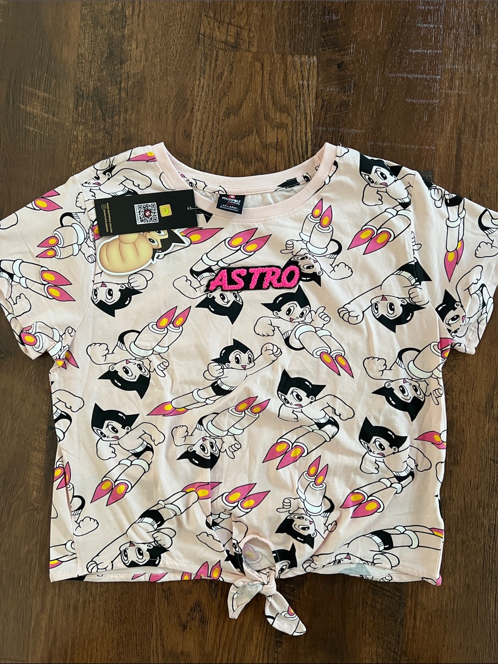 ASTRO Pink Tie-Front Short Sleeve Tee - Cartoon Rocket Print